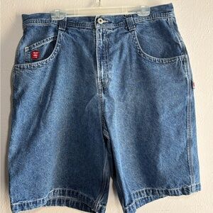 JNCO Men's Blue Denim Shorts with Red Logo Patch